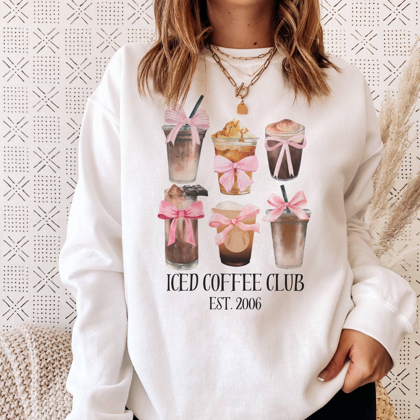 Coquette Sweatshirt Ice Coffee and Pink Bow Collage Sweatshi: Sand / L