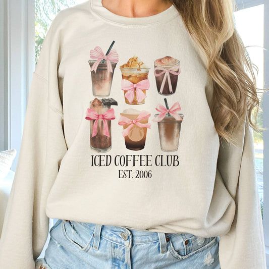 Coquette Sweatshirt Ice Coffee and Pink Bow Collage Sweatshi: Sand / XL