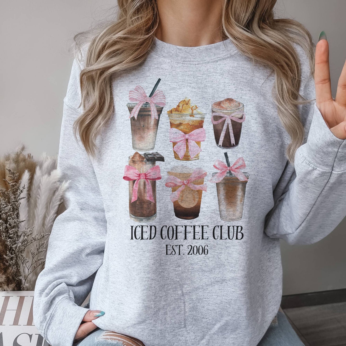 Coquette Sweatshirt Ice Coffee and Pink Bow Collage Sweatshi: Sand / L